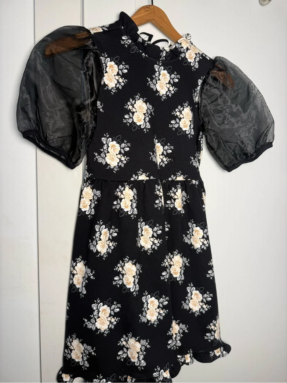 Janie and Jack Black Floral Dress with Puff Sheer Sleeves